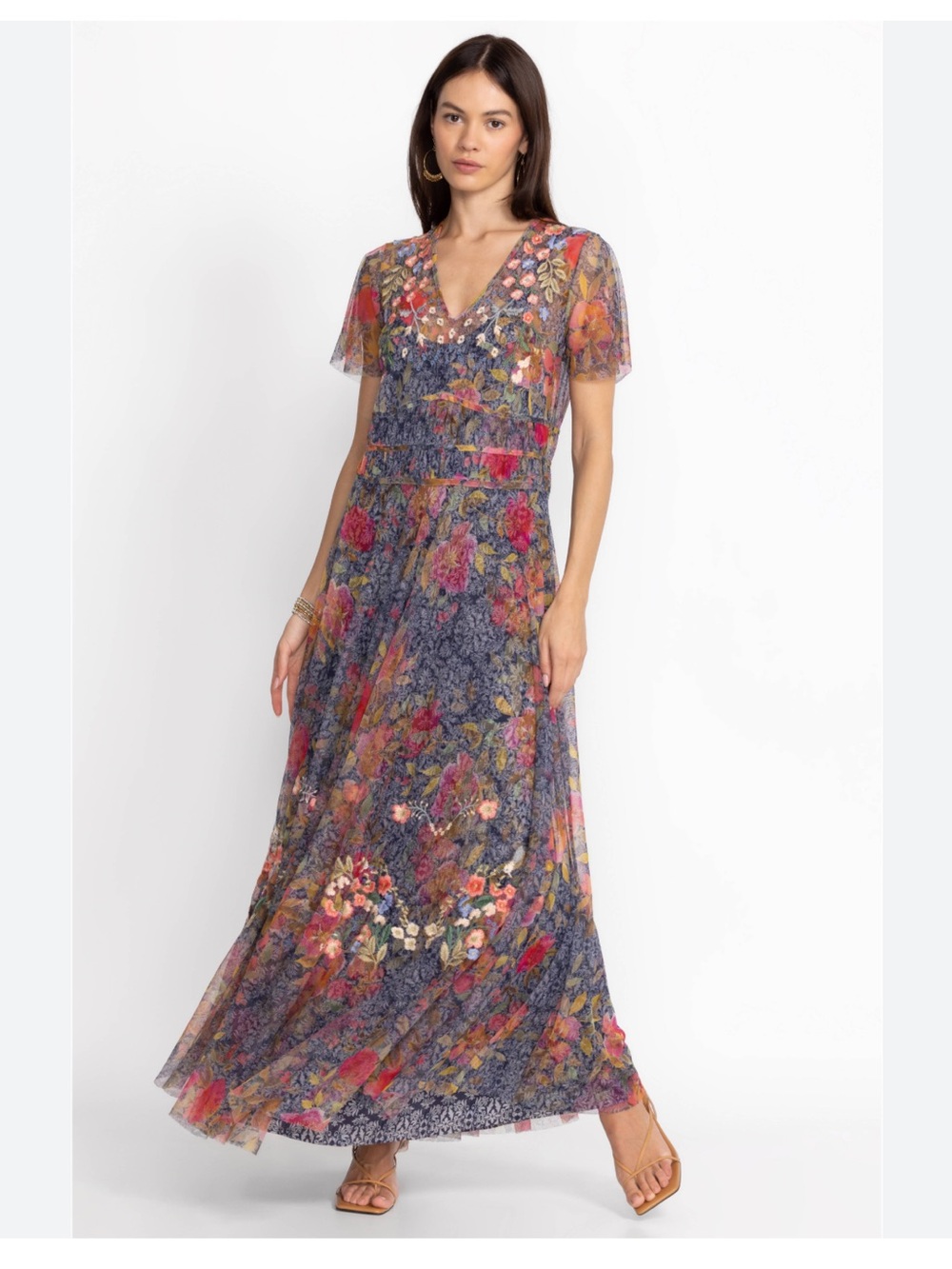 Biya Johnny Was Maxi Dress Blue Floral Sheer Embroidered Mesh Maxi Dress, M/L